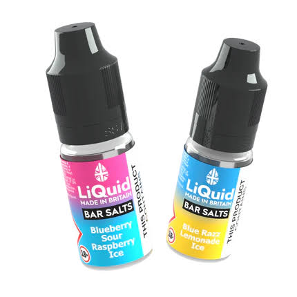 Two 10ml bottles of LiQuid Bar Salts nicotine salt e-liquid in Blueberry Sour Raspberry Ice and Blue Razz Lemonade Ice flavors on a white background - Vape Juice Flavors guide by VapeFeat