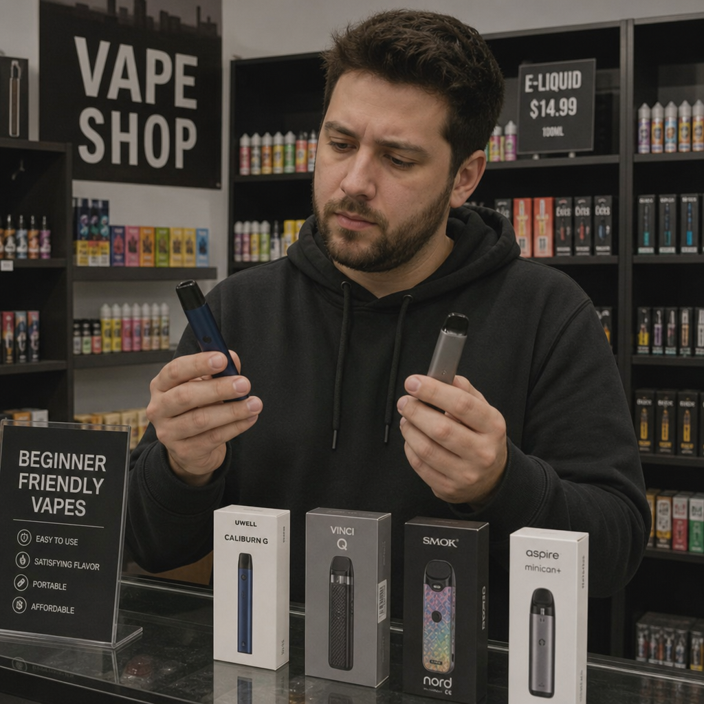 Vape shop employee presenting beginner-friendly pod systems with boxed Uwell Caliburn G, Voopoo Vinci Q, Smok Nord, and Aspire Minican kits on display - How to Buy a Vape guide by VapeFeat