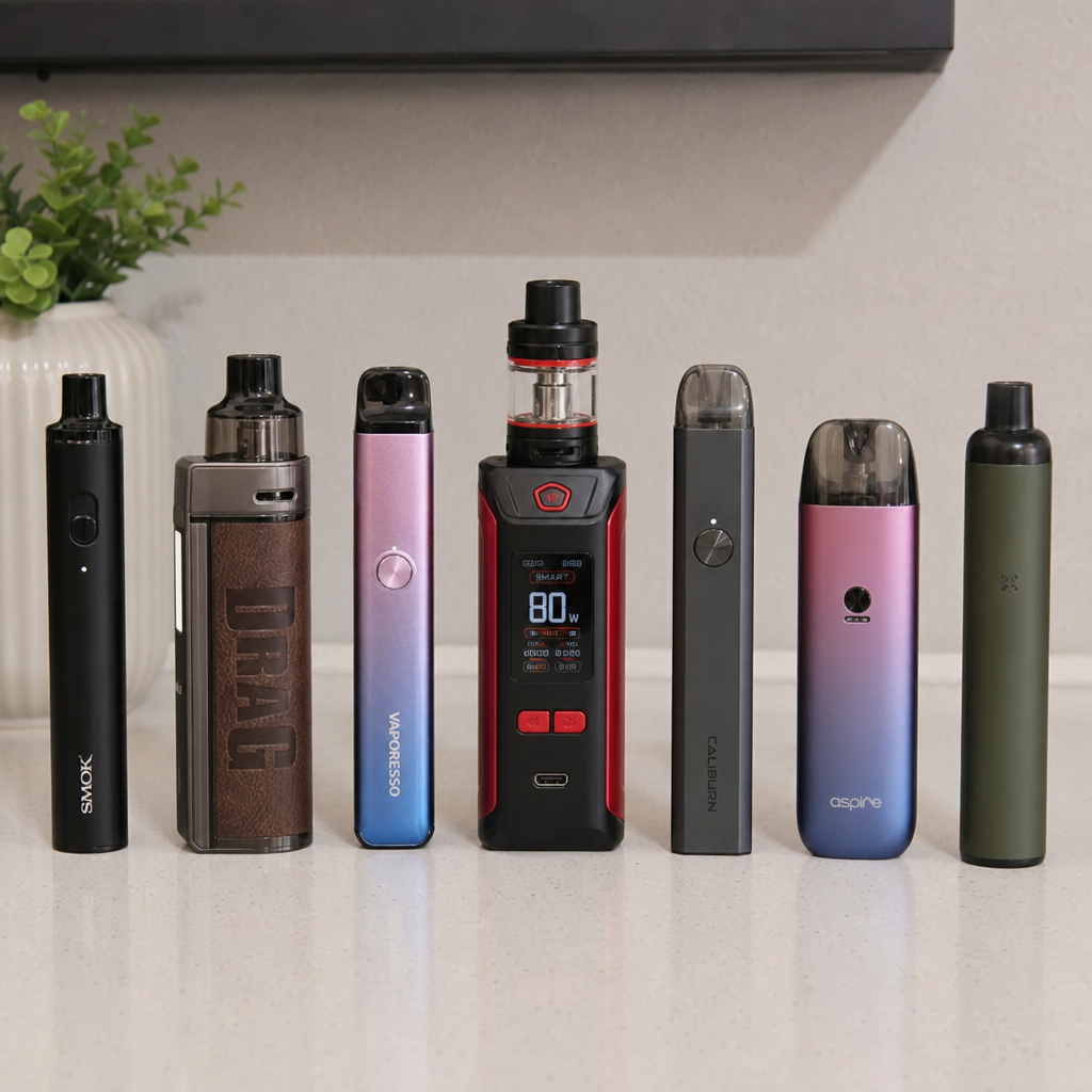 Lineup of popular vape devices including Smok, Voopoo Drag, Vaporesso, high-wattage box mod, Uwell Caliburn, and Aspire pod systems - Best Vape to Buy guide by VapeFeat