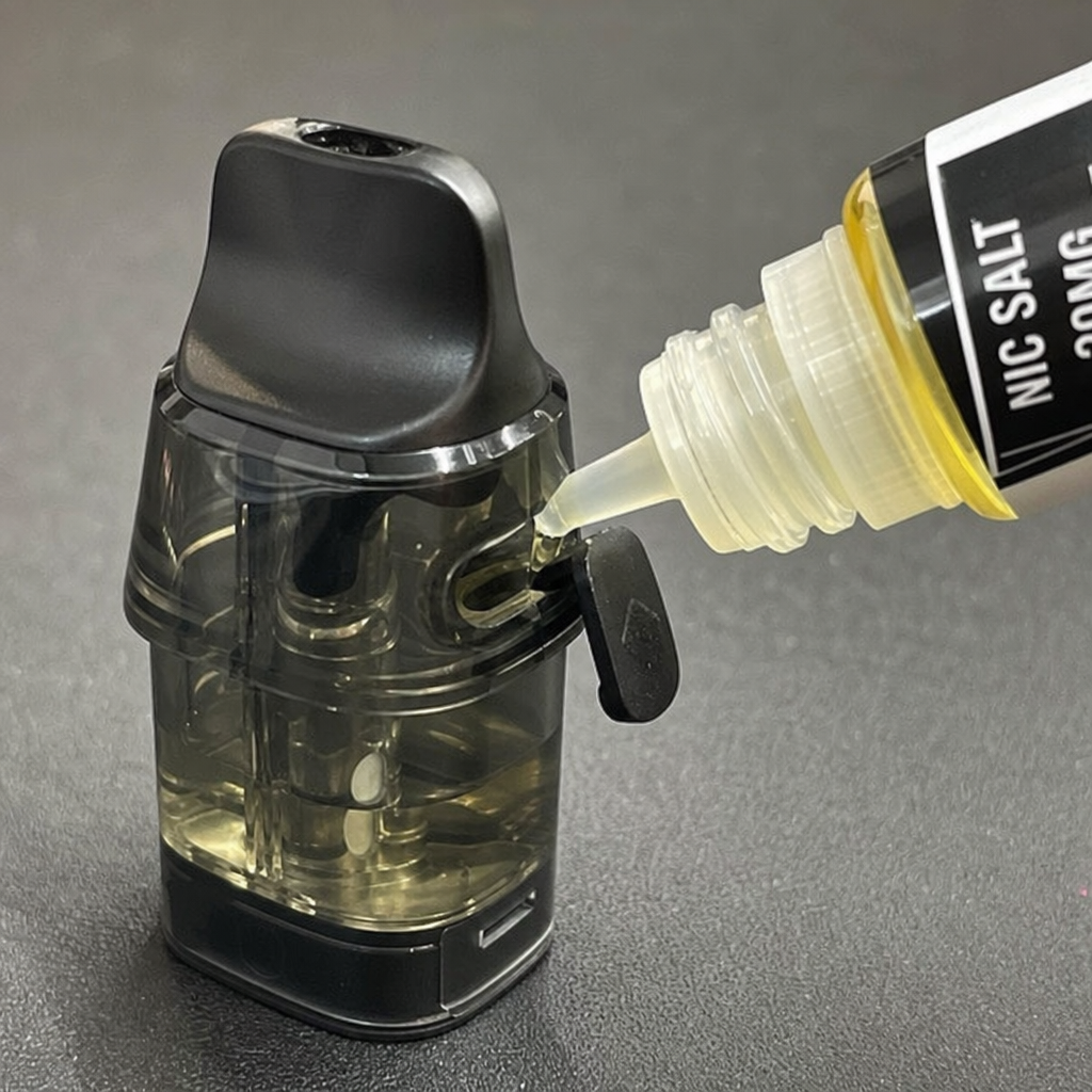 Close-up of refilling an OXVA Xlim top-fill vape pod cartridge with nicotine salt e-liquid via side silicone stopper port - ecig review by VapeFeat
