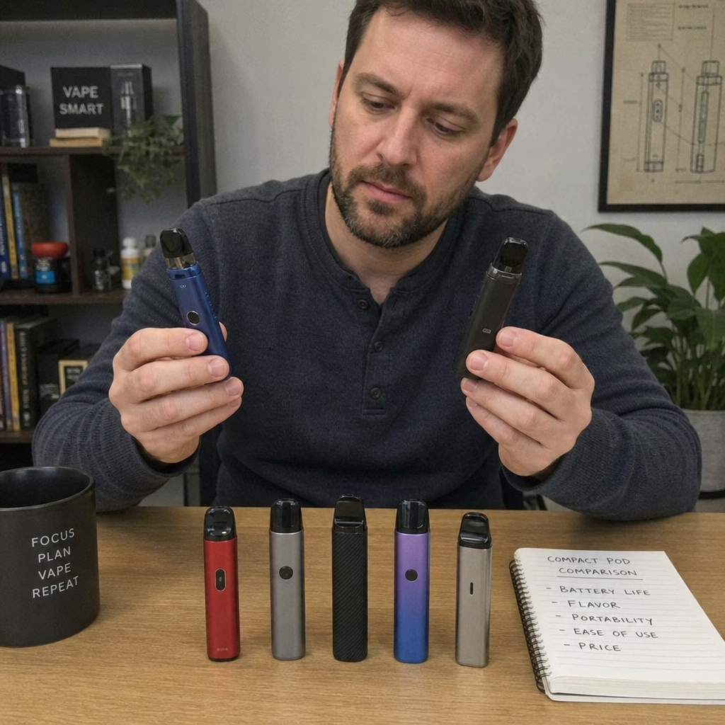 Hand holding a carbon fiber OXVA Xlim Pro pod vape device at 22W with smoke clouds in the background - ecig review by VapeFeat