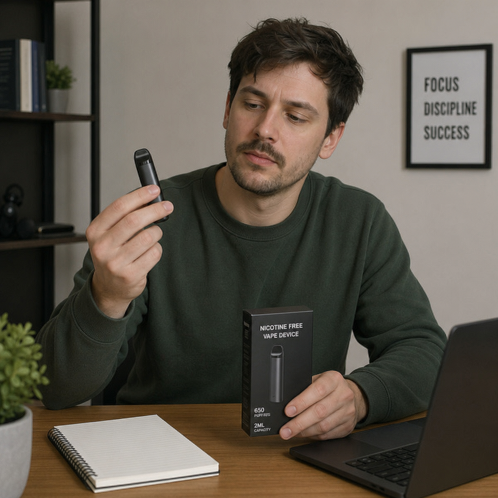 Man at a desk holding a compact black pod vape next to its nicotine-free vape device packaging box Clenzy vape review by VapeFeat