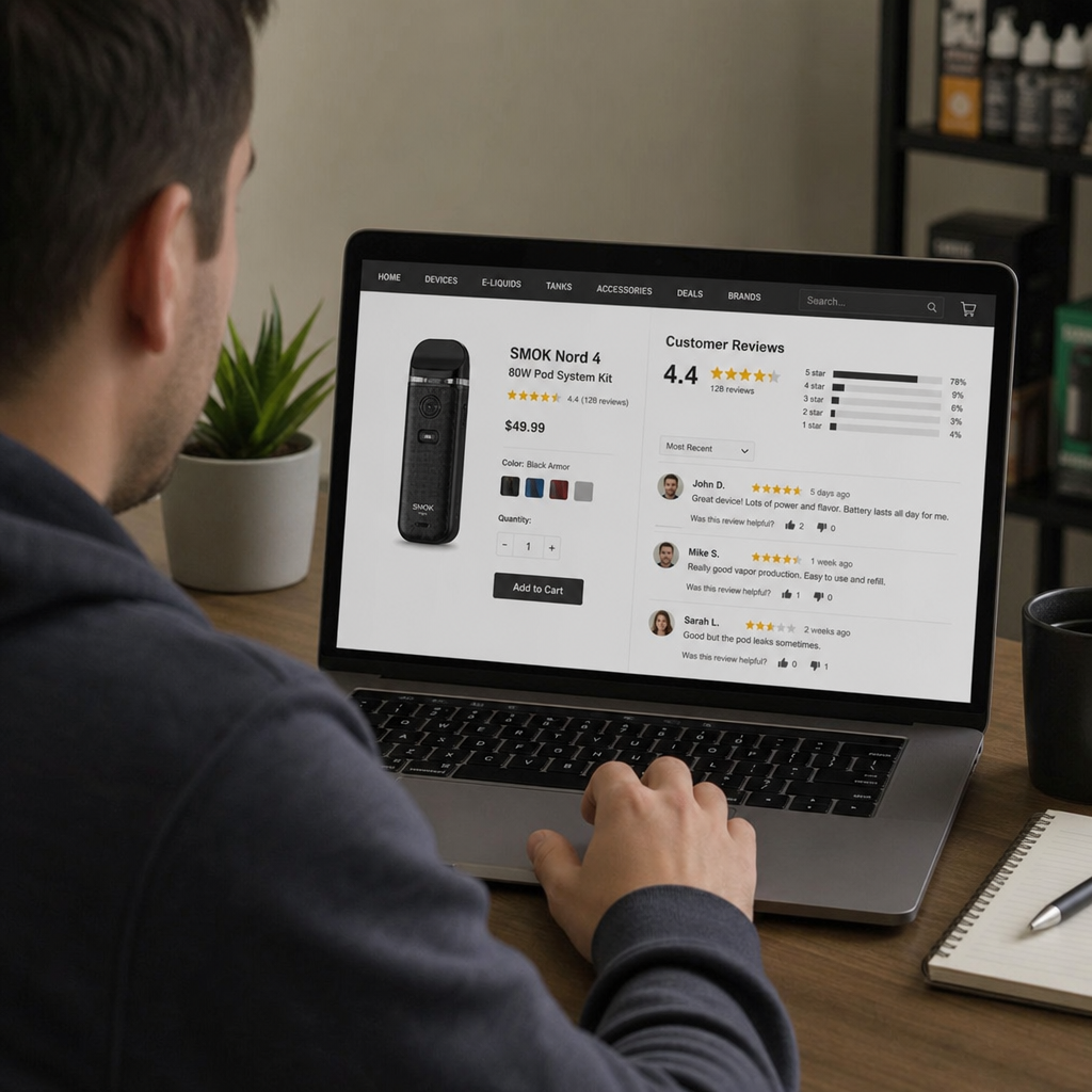 Person browsing customer ratings and online reviews for a SMOK Nord 4 pod vape kit on a laptop screen - Clenzy vape review by VapeFeat