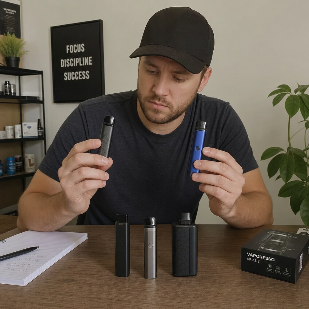 Reviewer holding and comparing multiple pod vape devices including the Vaporesso XROS 3 on a desk - electronic cigarette reviews by VapeFeat
