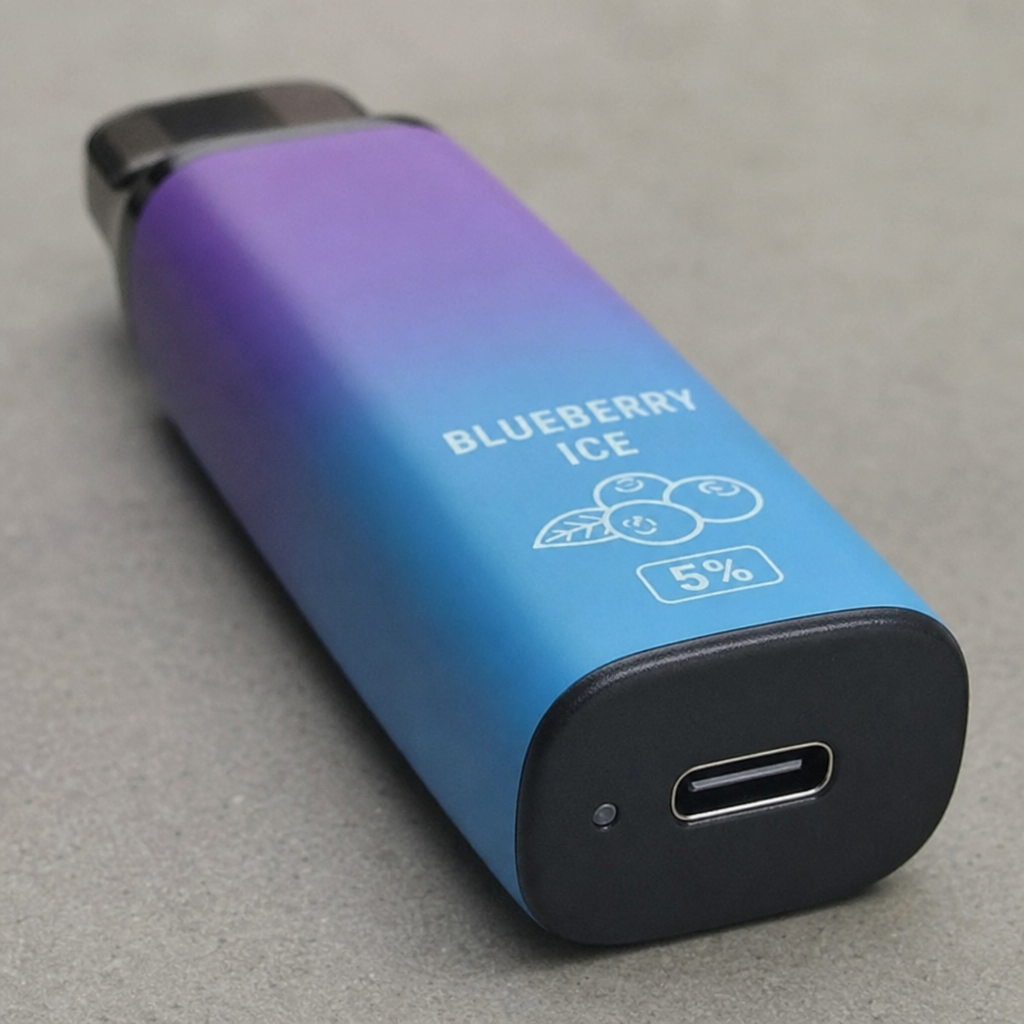 Close-up of a purple and blue gradient disposable vape device in Blueberry Ice flavor with 5 percent nicotine showing the bottom Type-C charging port - Fifty Bar vape review by VapeFeat