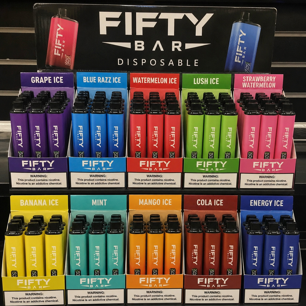 Fifty Bar disposable vape counter display stand showcasing ten colorful fruit and ice flavors including Grape Ice, Blue Razz Ice, Lush Ice, and Mint - Fifty Bar vape review by VapeFeat