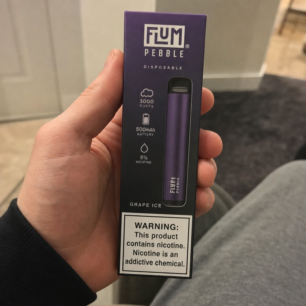 Hand holding a Flum Pebble Grape Ice disposable vape retail box with 3000 puffs, 500mAh battery, and 5% nicotine specs - Provisions disposable vape review by VapeFeat