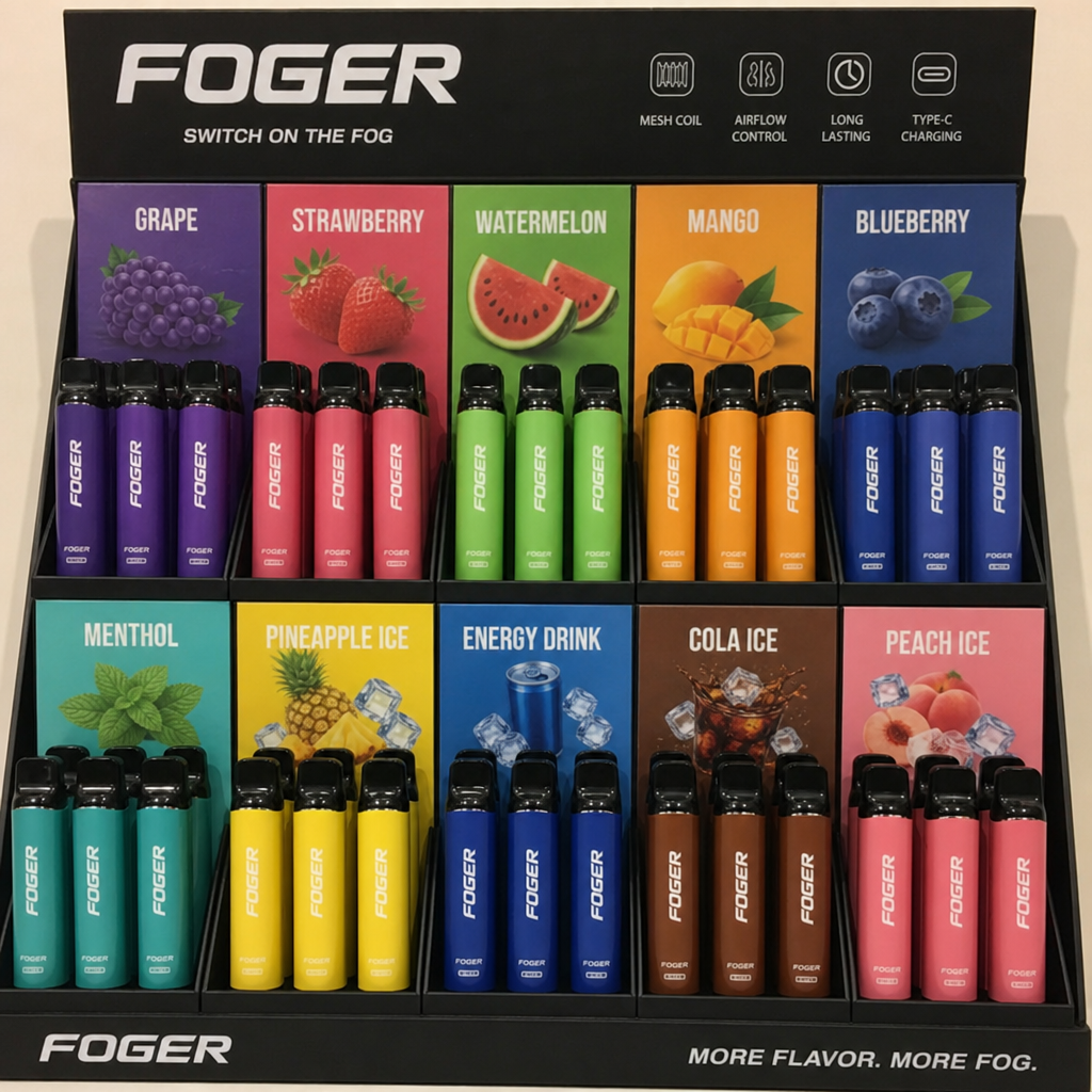 Foger disposable vape retail display stand showcasing multiple fruit and ice flavor options including Grape, Watermelon, Mango, and Menthol - Foger vape review by VapeFeat