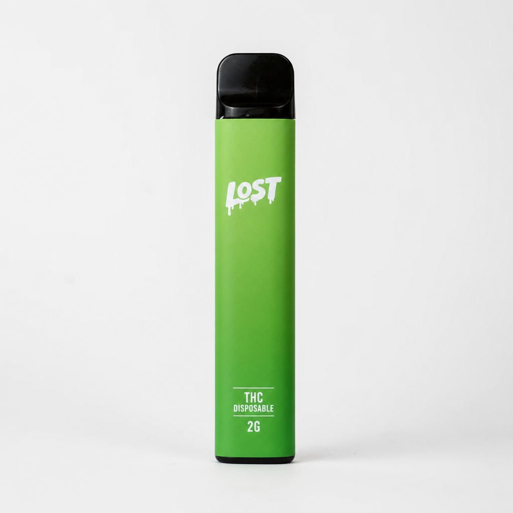 Slim green Lost THC 2G disposable vape pen with black mouthpiece against a plain white background - Lost THC vape review by VapeFeat