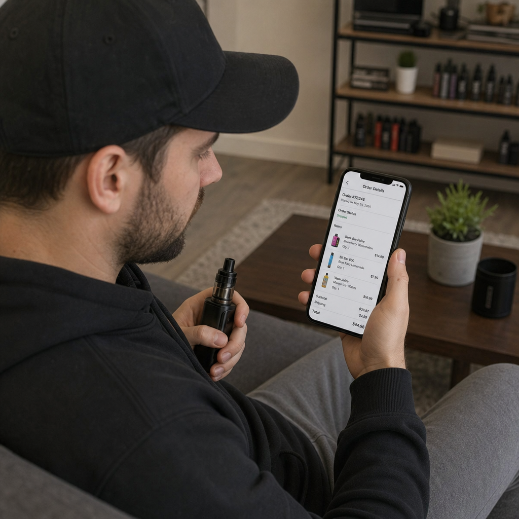 Man holding a box mod vape while tracking an online vape store order receipt on his smartphone screen - VaporFi reviews by VapeFeat
