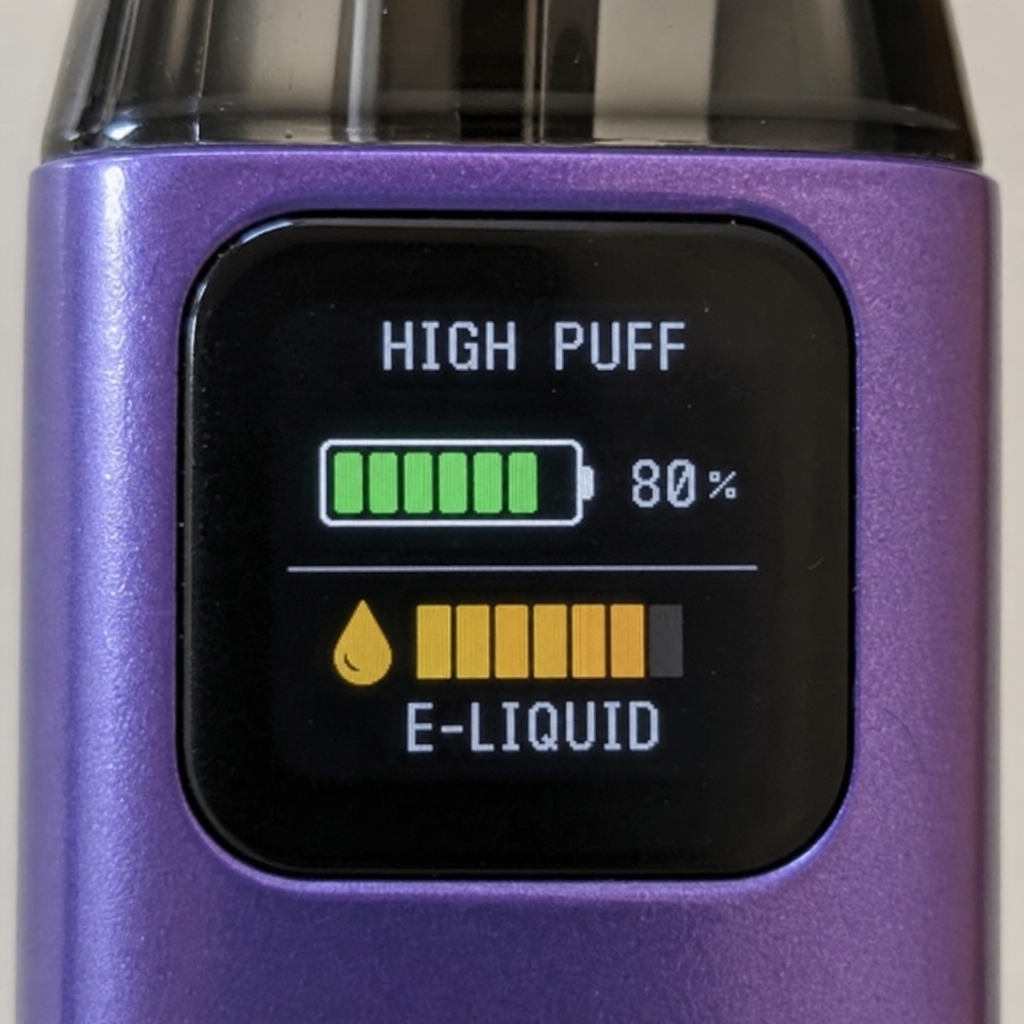 Smart vape LED screen showing battery percentage and e-liquid level on VapeFeat