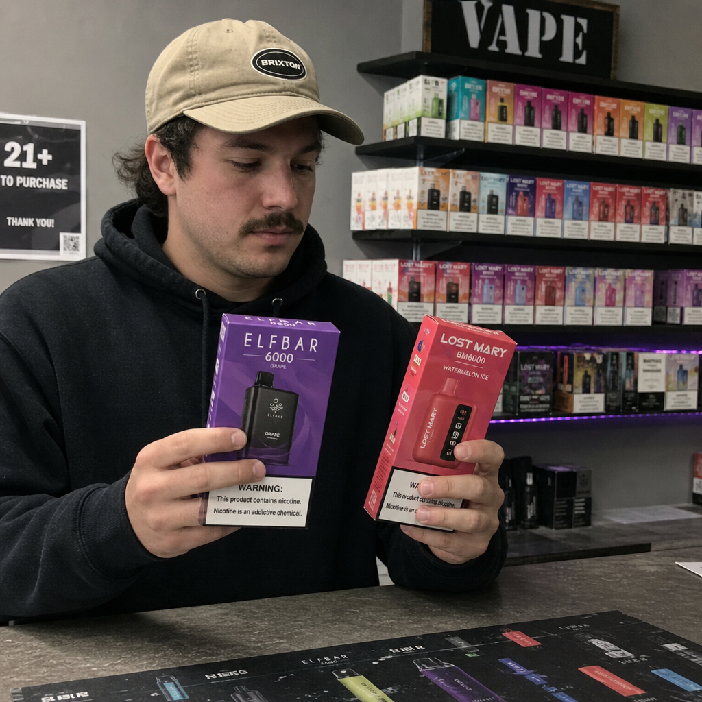 Man comparing packaging boxes for Elf Bar 6000 Grape and Lost Mary BM6000 Watermelon Ice inside a vape store - Vozol vape review by VapeFeat