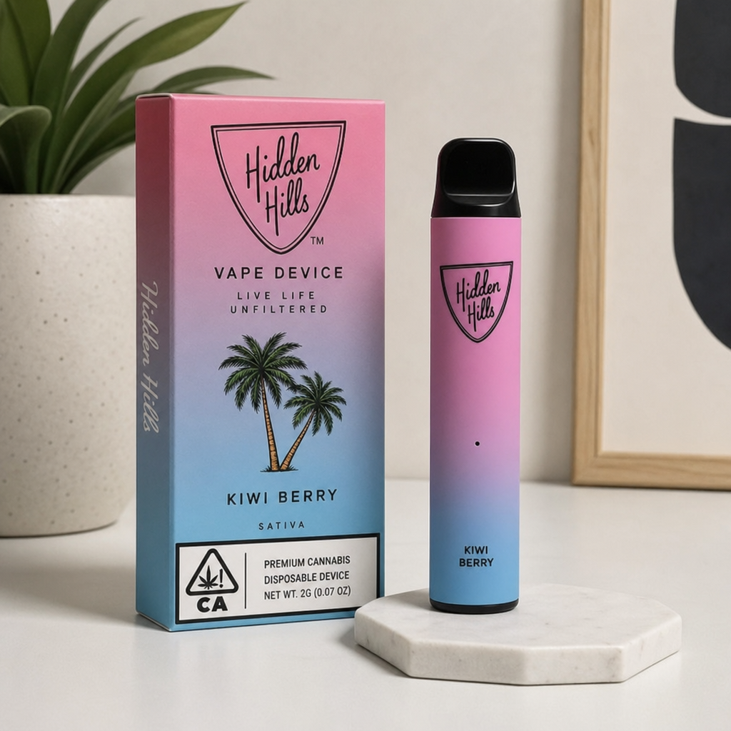 Hidden Hills Kiwi Berry Sativa 2G disposable vape pen in pink and blue gradient standing next to its retail box on a table - Hidden Hills vape review by VapeFeat