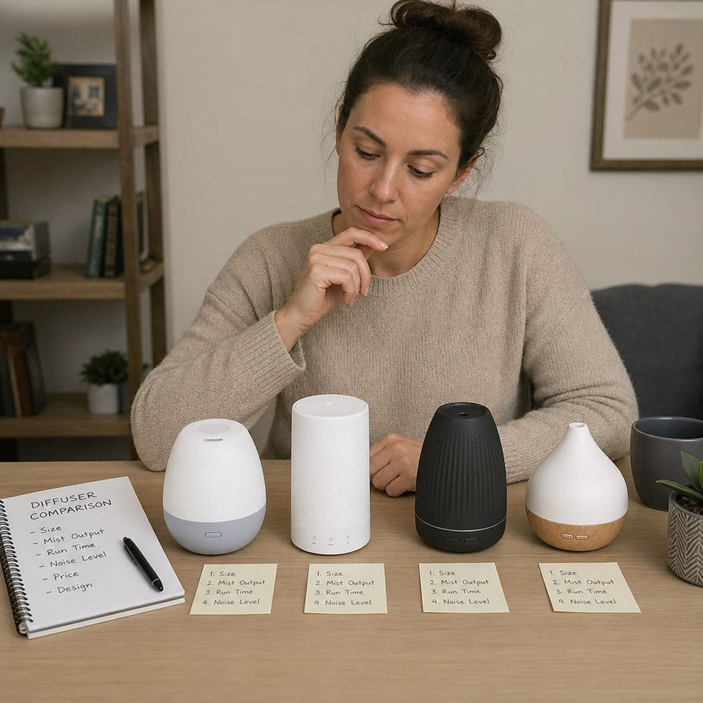 Woman evaluating and comparing four different ultrasonic essential oil diffusers on a wooden table with notes on size, mist output, and run time - Pure diffuser vape reviews by VapeFeat