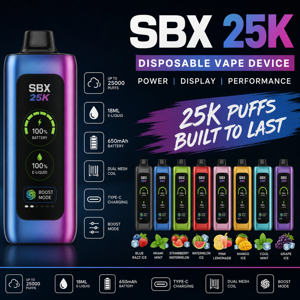 SBX 25K disposable vape flavors collection surrounded by fresh fruits and ice - SBX vape review by VapeFeat