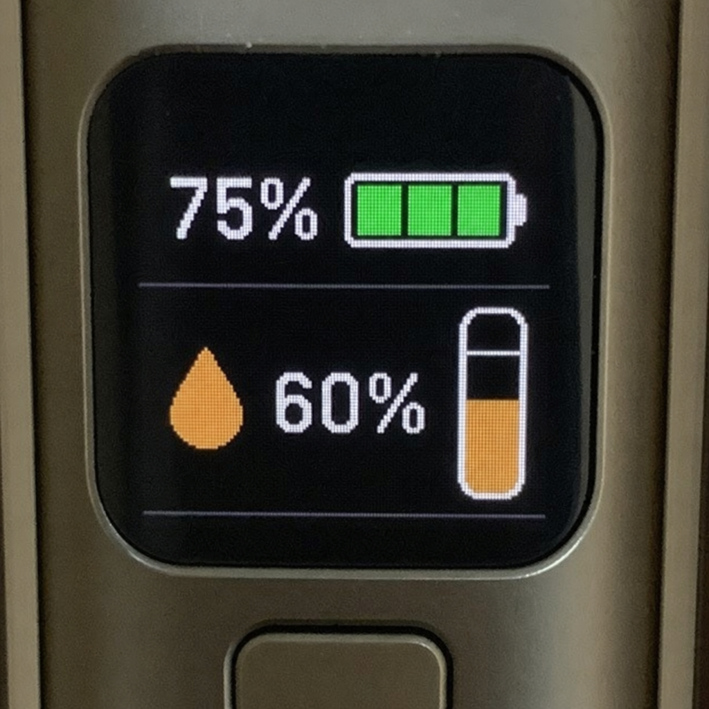 Close-up of smart digital display screen on an SBX 25K disposable vape showing 75 percent battery and 60 percent e-liquid levels - SBX vape review by VapeFeat
