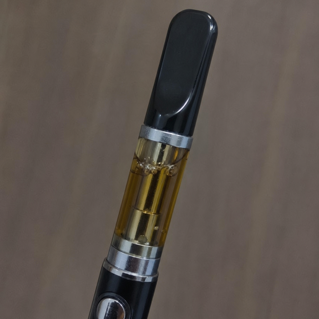 Close-up of golden live resin oil inside a clear 510 vape cartridge attached to a black vape battery - Fernway vape review by VapeFeat
