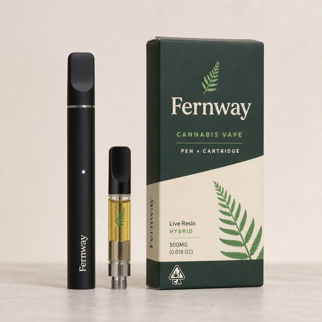 Fernway black vape pen battery and 500mg Live Resin Hybrid cannabis cartridge standing next to retail box - Fernway vape review by VapeFeat