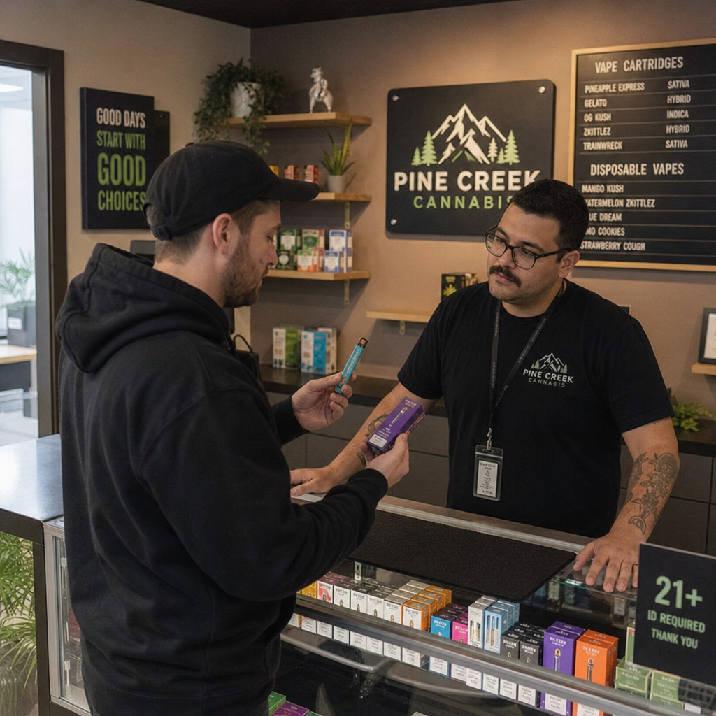 Customer consulting a budtender at the Pine Creek Cannabis dispensary checkout counter about disposable vapes and cartridges - Fernway vape review by VapeFeat