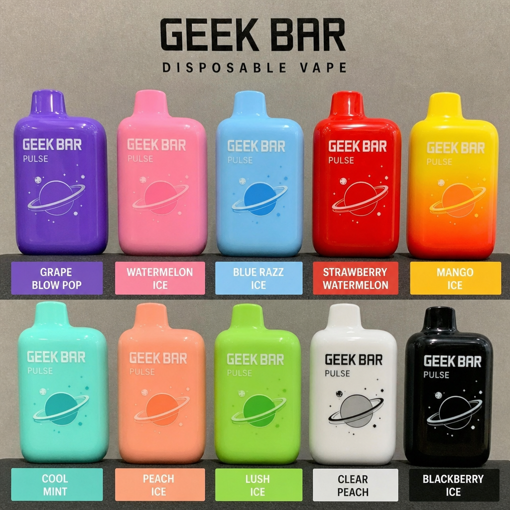 Geek Bar Pulse disposable vape lineup showcasing ten different colorful fruit and ice flavors including Grape Blow Pop, Watermelon Ice, and Cool Mint - Geek Bar vape review by VapeFeat