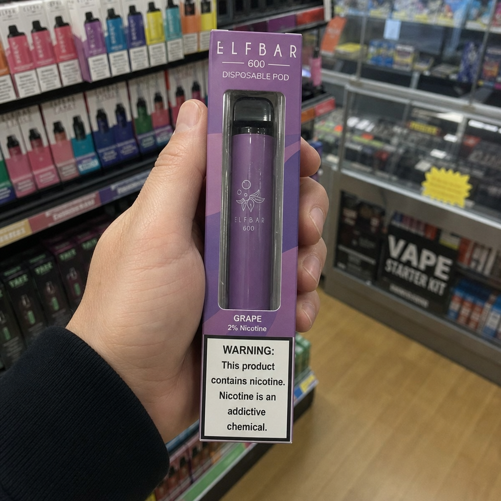 Hand holding an Elf Bar 600 disposable pod vape in Grape flavor with 2 percent nicotine strength inside a vape shop - mushroom disposable vape review by VapeFeat