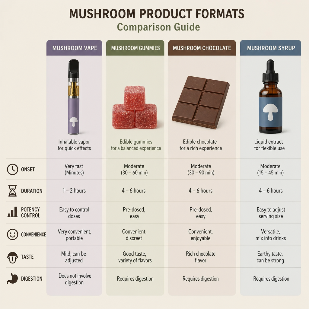 Mushroom product formats comparison chart comparing mushroom vapes, gummies, chocolate, and syrup by onset, duration, potency, and taste - TRĒ House mushroom vape review by VapeFeat