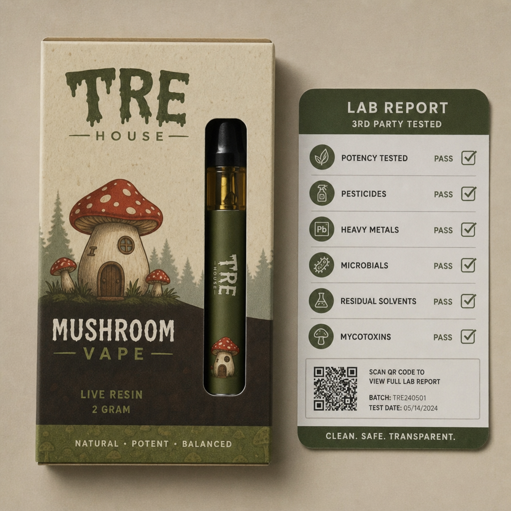 TRĒ House Mushroom Vape 2g live resin packaging next to third-party lab test report card with passing safety results - TRĒ House mushroom vape review by VapeFeat
