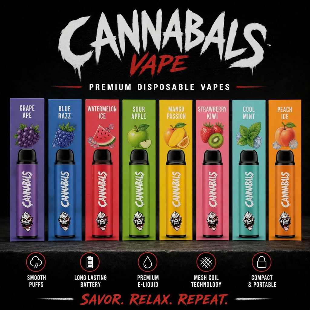 Full flavor lineup of Cannabals Premium Disposable Vapes featuring Grape Ape, Blue Razz, Watermelon Ice, and fruit editions -Cannabals vape review by VapeFeat