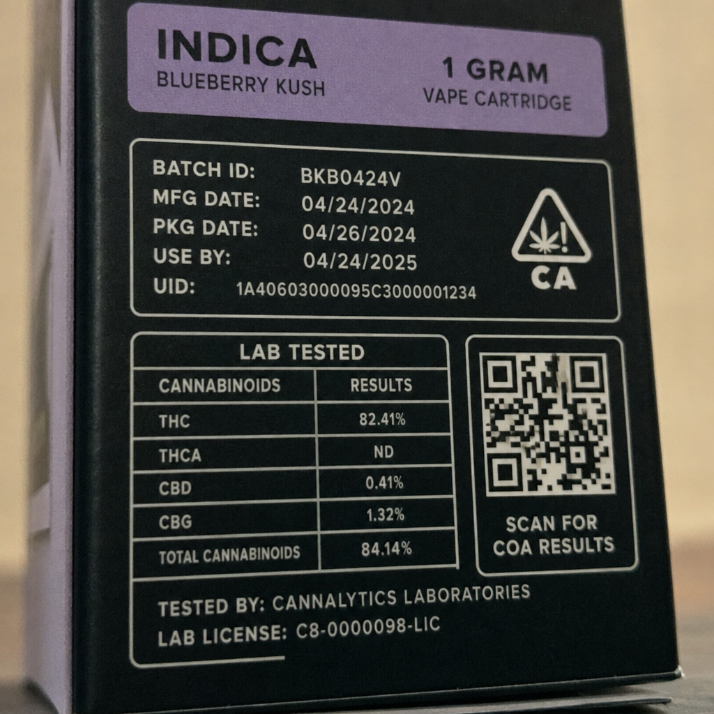 Cannabals Blueberry Kush 1g vape cartridge packaging showing lab test results, THC potency percentage, and QR code for COA verification  Cannabals vape review by VapeFeat