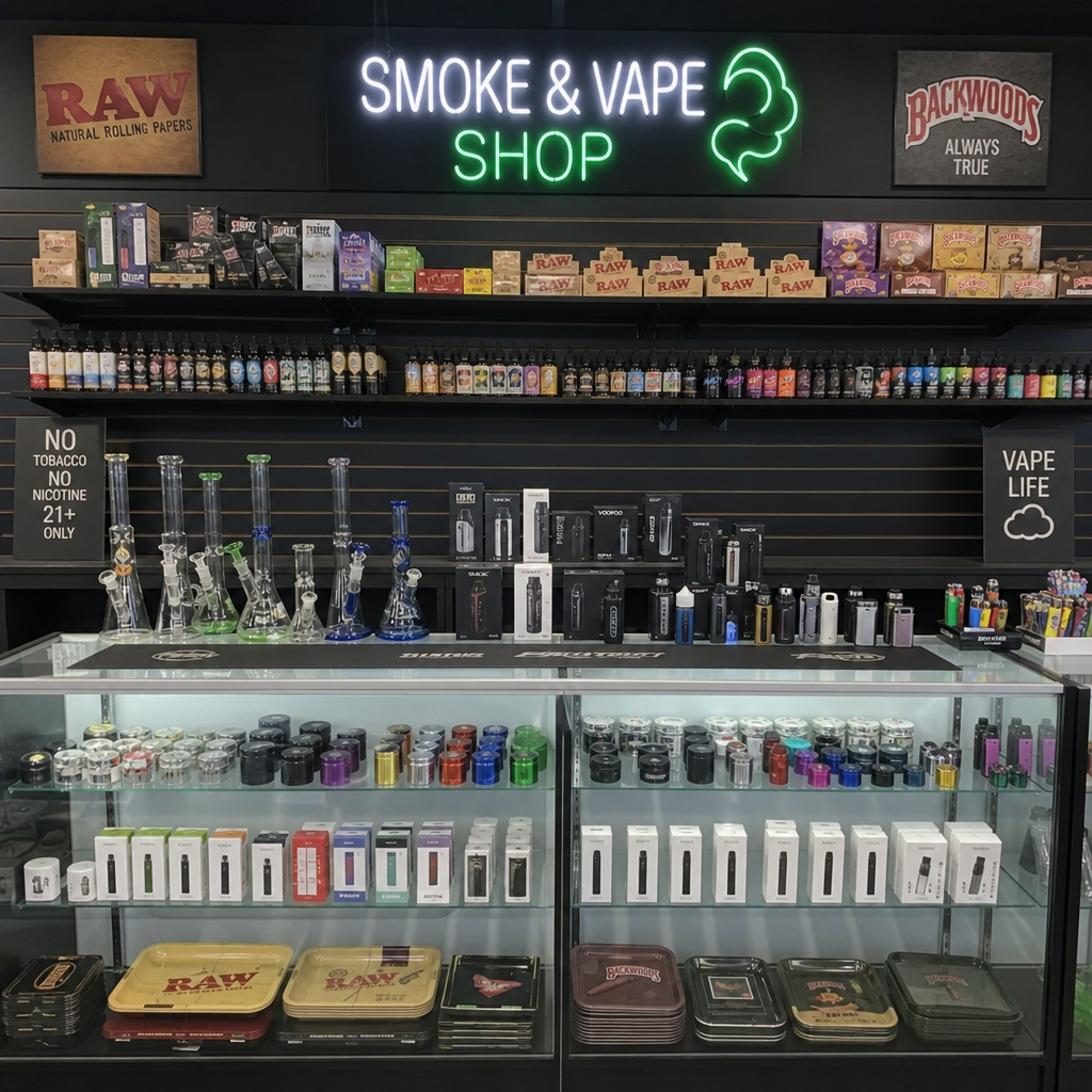 Checkout counter and product display inside Divine Smoke N Vape store in Wheat Ridge Colorado - VapeFeat review