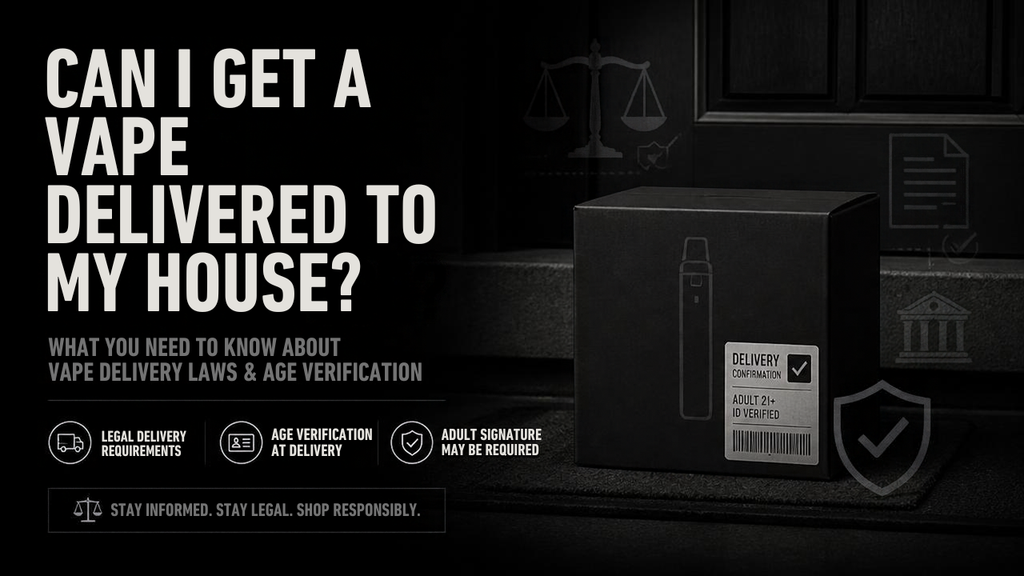 Black vape delivery parcel sitting on a front porch doormat with adult 21+ ID verified label and shipping compliance icons - Vape Delivery Laws guide by VapeFeat