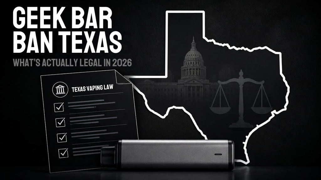 Texas Vaping Law document checklist and disposable vape pen positioned before an illuminated Texas state map and Austin Capitol building silhouette   