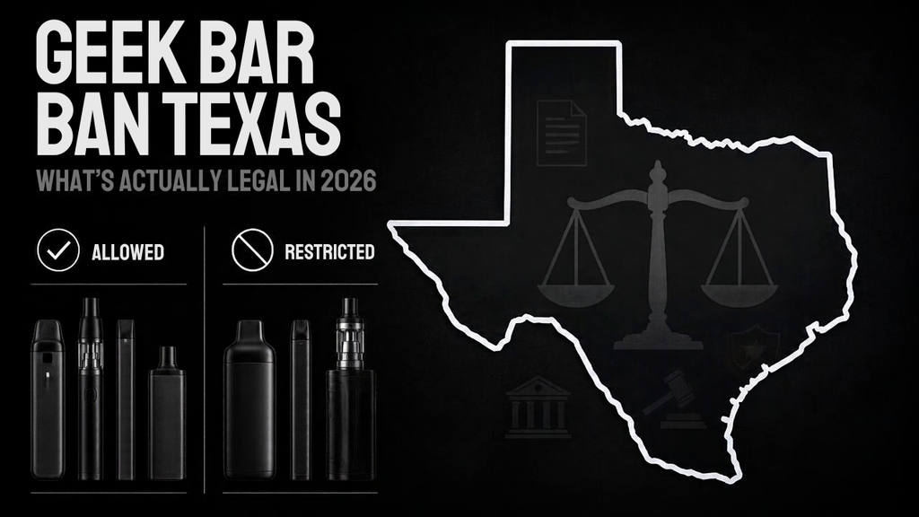 Texas state map outline with justice scales graphic and visual comparison comparing allowed open pod systems against restricted disposable vapes - Geek Bar Ban Texas Legal Guide on VapeFeat