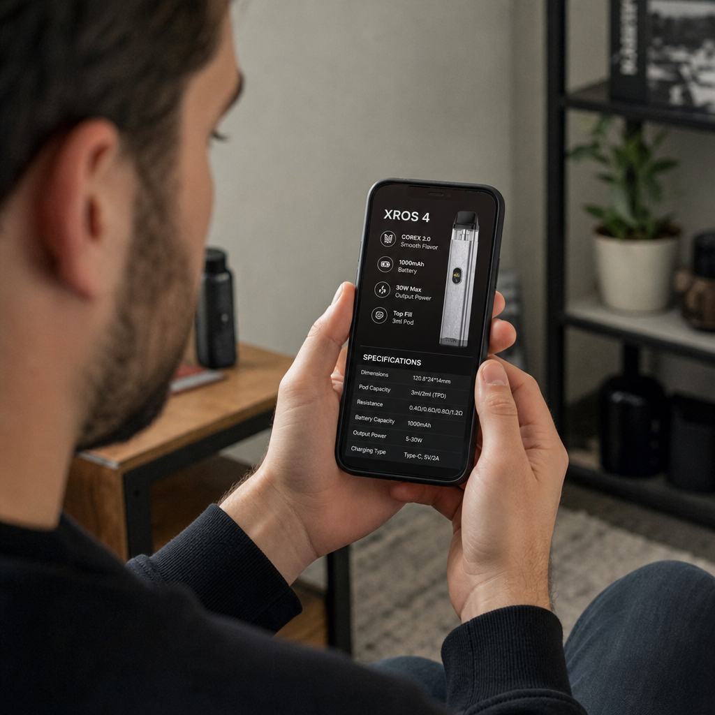 A person holding a smartphone reviewing technical specifications and features for the Vaporesso XROS 4 pod vape kit - VapeFeat buying guide