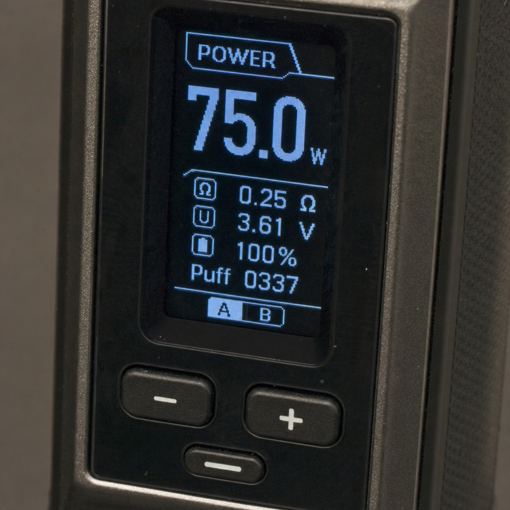 Digital display screen on a regulated vape mod showing 75.0 watts power output, 0.25 ohm resistance, 3.61 volts, 100 percent battery, and puff counter on VapeFeat