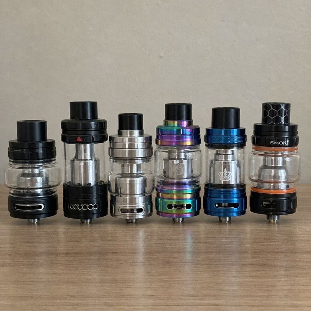 Lineup of sub-ohm vape tanks including Uwell Crown, SMOK TFV, and rainbow finish tanks with straight and bubble glass on a wooden table - Vape Tanks guide by VapeFeat