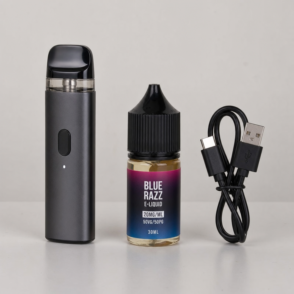 Sleek matte grey refillable pod vape standing next to a 30ml Blue Razz e-liquid bottle and USB-C charging cable on a clean grey background - Reusable Vape guide by VapeFeat