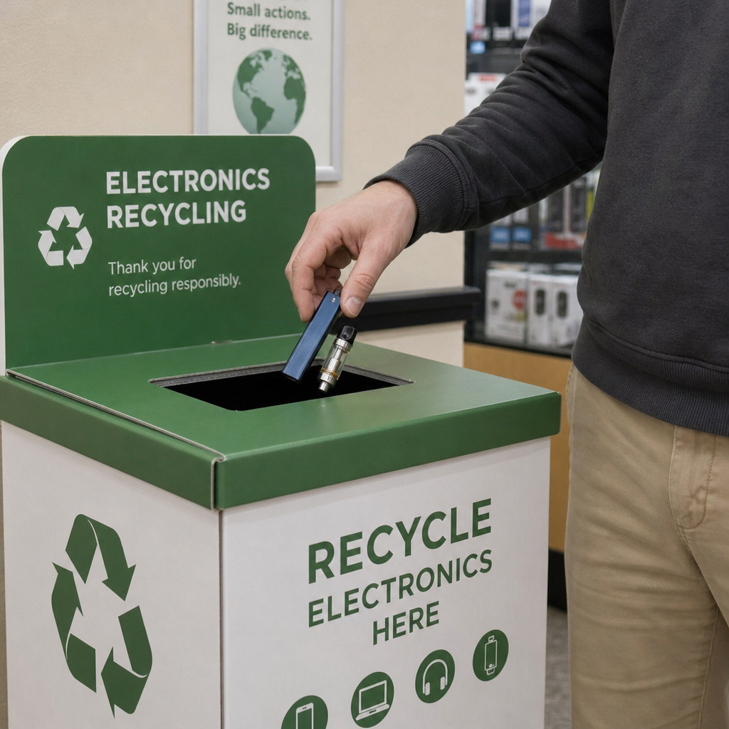 Person dropping a used vape pod battery and cartridge into a green and white electronics recycling bin - Vape Disposal and Recycling guide by VapeFeat