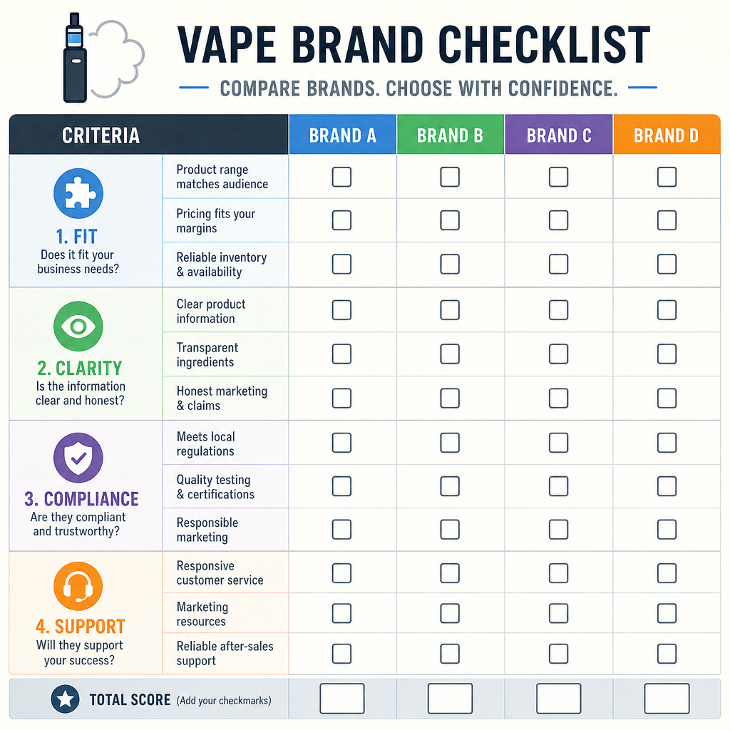Vape brand evaluation checklist infographic comparing criteria for brand fit, marketing clarity, and regulatory compliance on VapeFeat