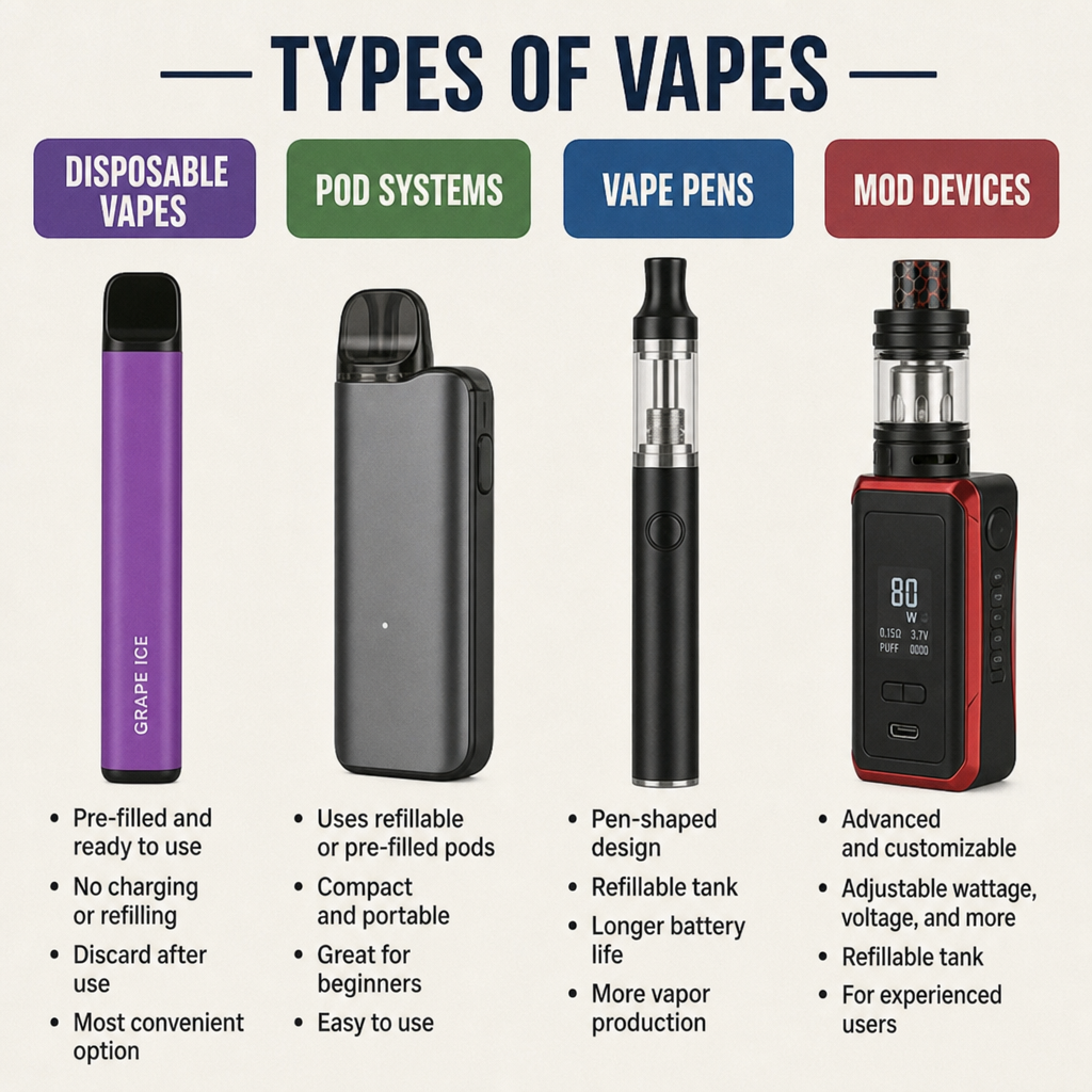 Infographic comparison chart showing four vape types: disposable vapes, pod systems, vape pens, and box mod devices with key features on VapeFeat