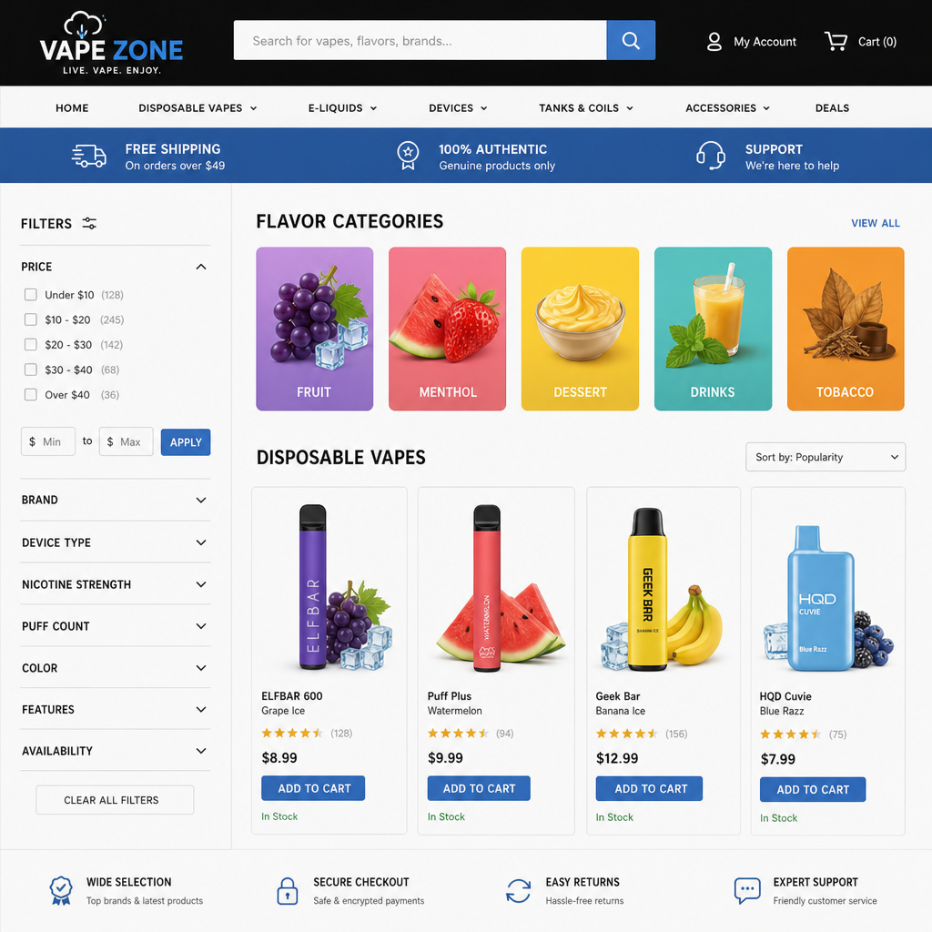 Online vape store catalog interface displaying disposable vapes and flavor categories with filter options - Where to Buy Vapes Online guide by VapeFeat