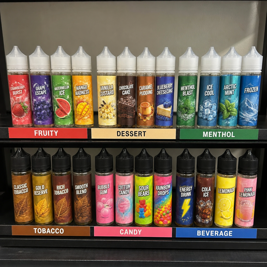 Vape juice flavor categories display shelf showing fruity, dessert, menthol, tobacco, candy, and beverage e-liquid bottles - VapeFeat flavor guide