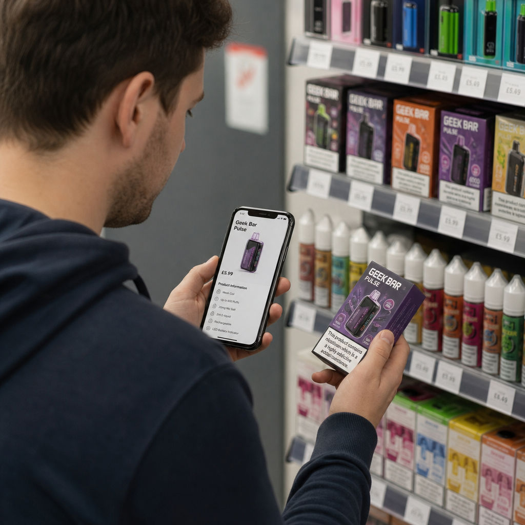 Customer holding a Geek Bar Pulse disposable vape box while comparing specifications and prices on a smartphone inside a vape retail store - Where to Buy Vapes guide by VapeFeat