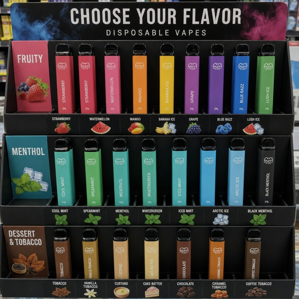 Retail display stand showcasing Puff Plus disposable vape pens organized by flavor profiles including fruity, menthol, and dessert tobacco - Disposable Vape Flavors guide on VapeFeat