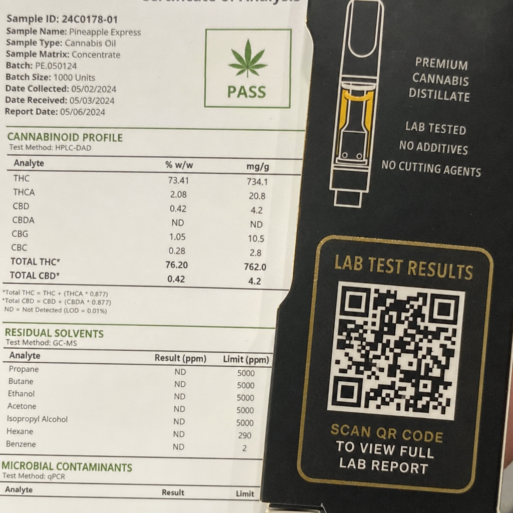 Vape packaging lab test results panel showing cannabinoid profile table, residual solvents test, and scannable QR code for certificate of analysis - Vape Safety and Lab Testing guide by VapeFeat