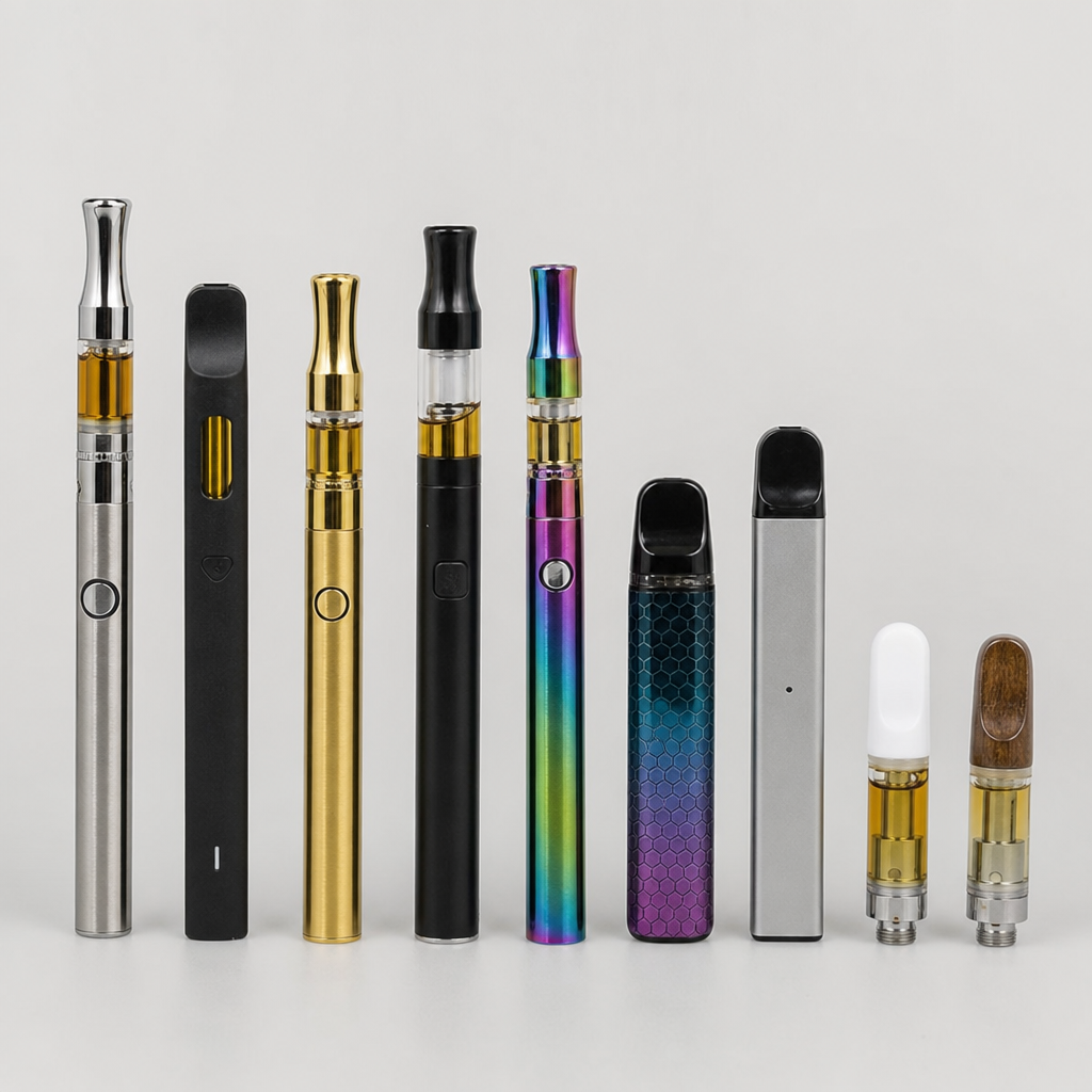 Lineup of slim vape pens, compact pod systems, and 510 thread oil cartridges with ceramic and wood tips on a light grey background - Types of Vapes guide by VapeFeat
