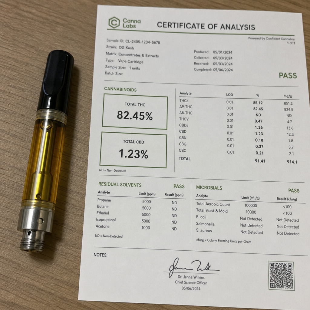 Glass 510 thread vape cartridge with gold oil resting beside a certified lab test report showing 82.45 percent THC and clean residual solvent pass marks - Vape Cartridge Testing guide by VapeFeat