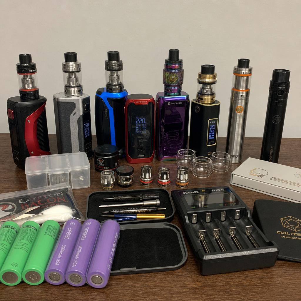 Complete vape mod collection and rebuilding setup featuring high-power box mods, sub-ohm tanks, 18650 batteries, external XTAR charger, Cotton Bacon wicking, and building tools - Vape Mods guide by VapeFeat