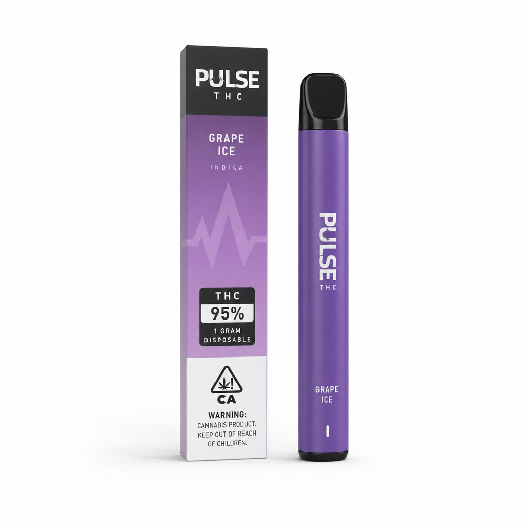 Purple Pulse THC 1 gram disposable vape pen in Grape Ice Indica flavor standing next to its retail box on a clean white background - Pulse THC Vape review by VapeFeat