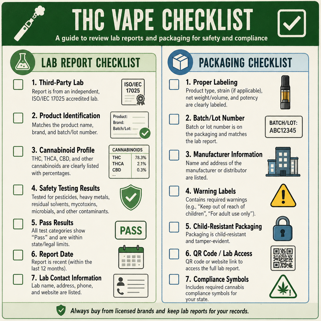 Infographic checklist comparing vape lab report requirements and packaging safety standards including batch numbers, QR codes, and compliance symbols - Vape Safety Guide on VapeFeat